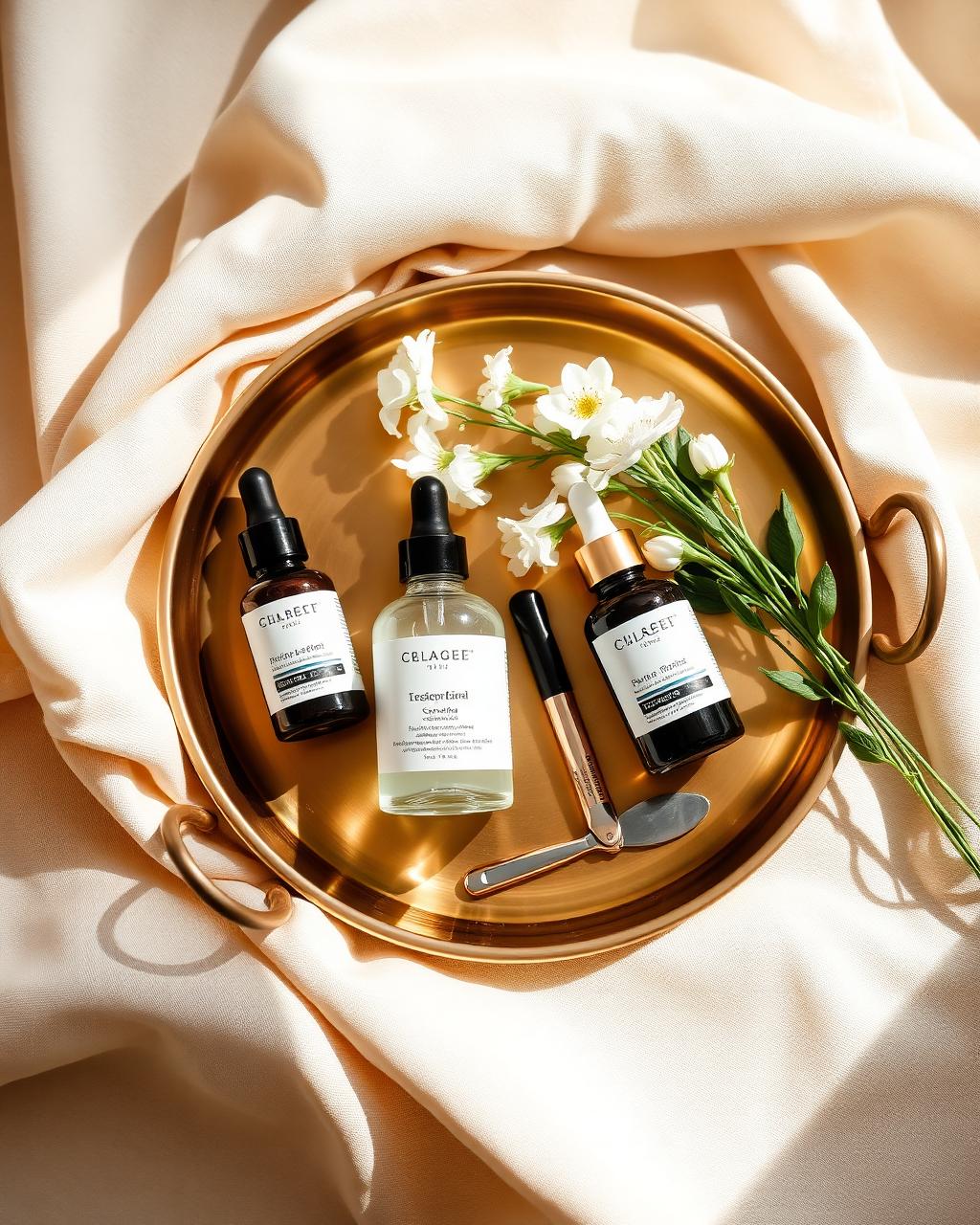 Skincare produkter på bronze bakke hos N by N